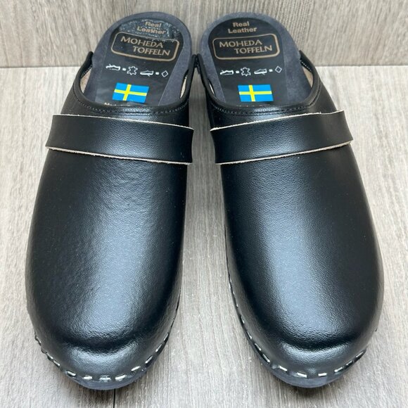 Moheda Toffeln Clog Sandals Womens Sz 39 Mule Slip On Leather Wedge Casual Black - Picture 3 of 13